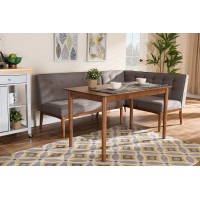 Baxton Studio BBT8051-Grey/Walnut-3PC Dining Nook Set Arvid Mid-Century Modern Gray Fabric Upholstered 3-Piece Wood Dining Nook Set